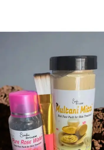 Multani Mitti Face Pack Kit with Pure Rose Water and Applicator Brush - Complete Skincare Combo